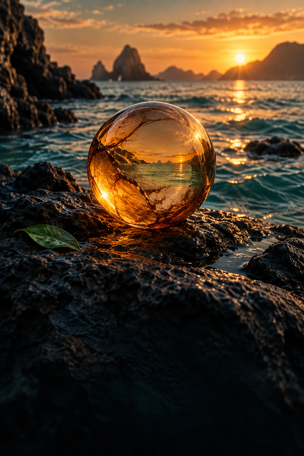Esfera ámbar sobre agua y rocas al amanecer